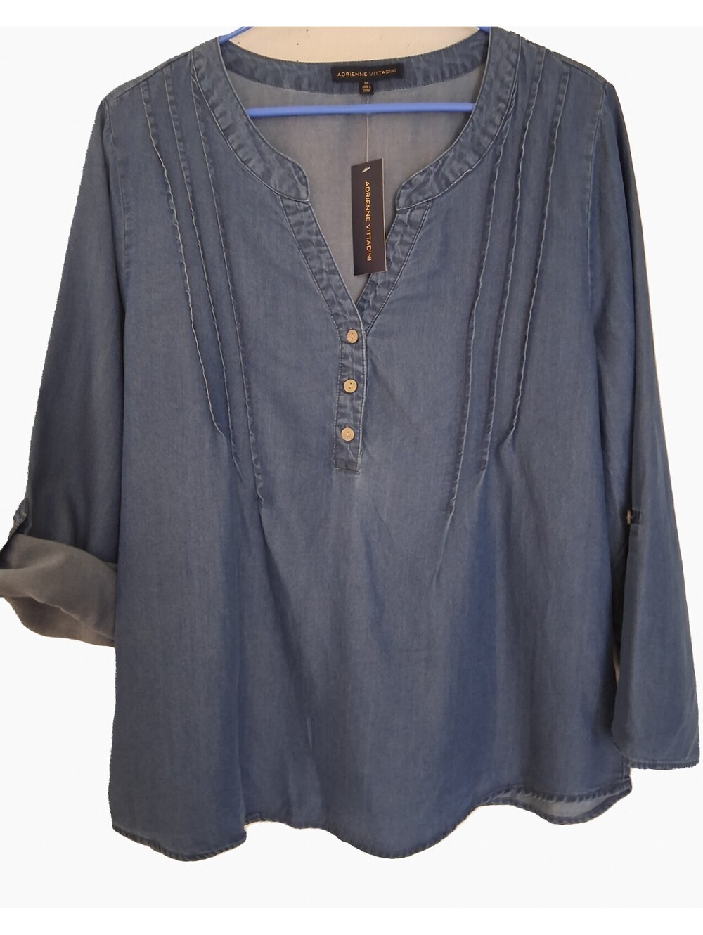 Adrienne Vittadini Women's XL Lyocell Chambray Blue Henley Roll Tab Sleeve Top